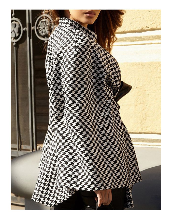 Fall Winter New Women Houndstooth Woolen Coat Half High-neck Belted Loose Cloak Tops